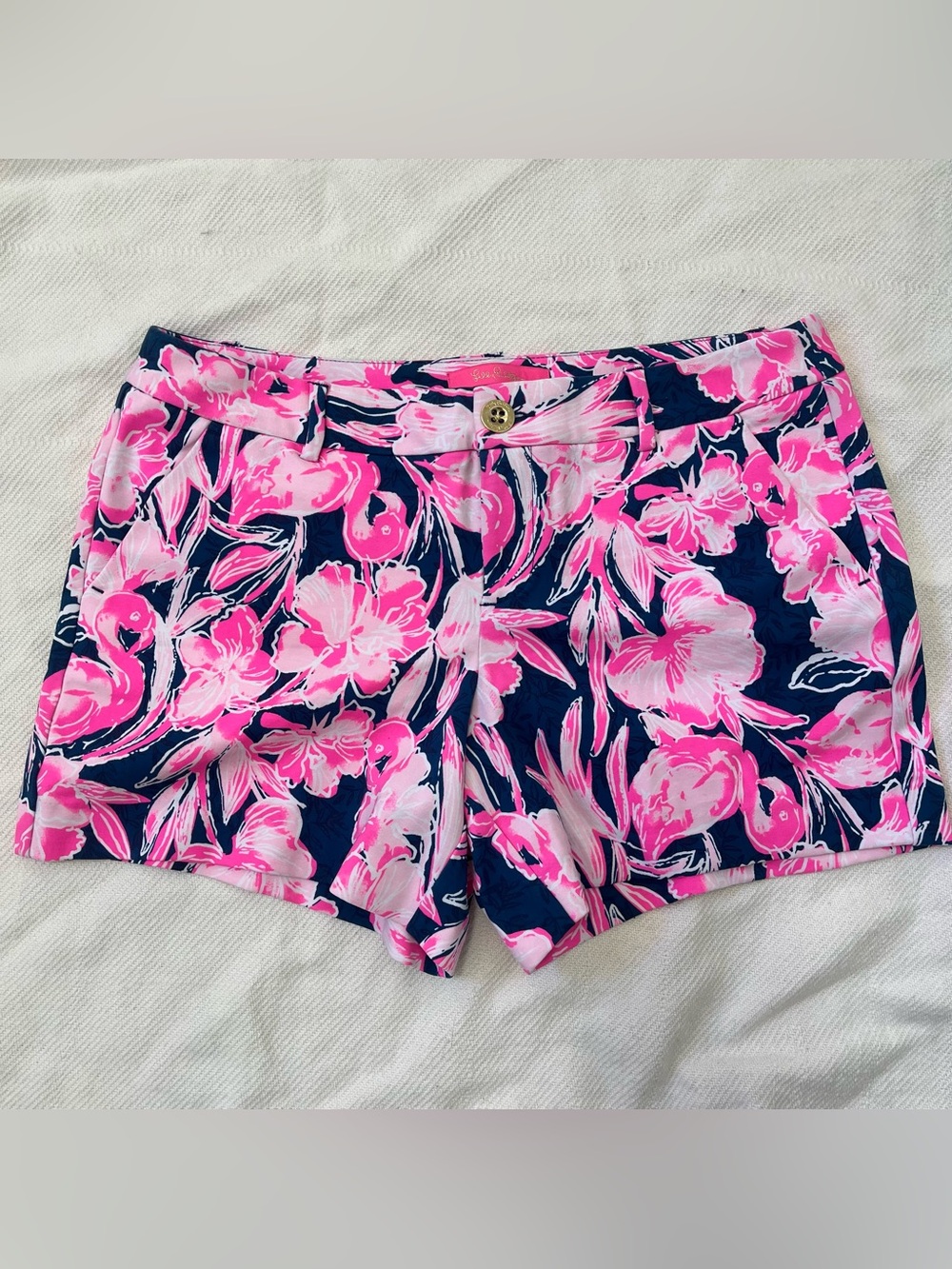 Lilly Pulitzer coastal Callahan knit shorts inky navy flamingo sz 8 resort vacay
